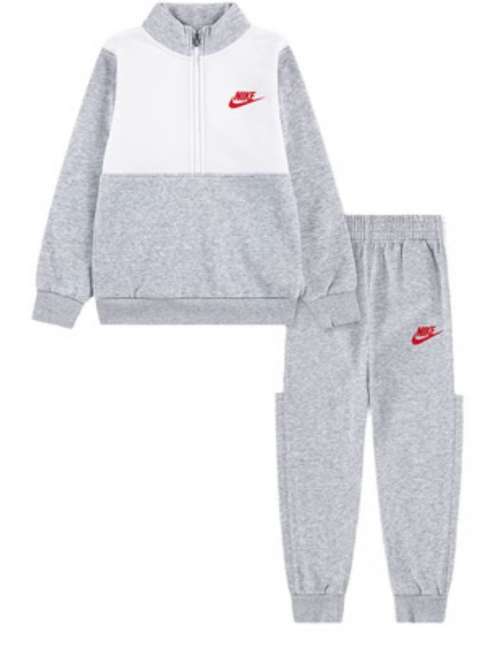 Nike Kids Grey and White Fleece Jogger Set with Red Swoosh